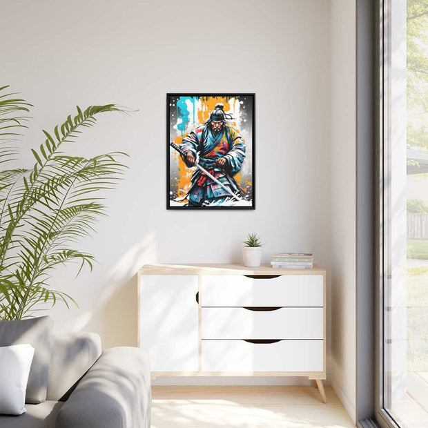 Framed printed canvas with a colors burst design representing a samurai, front 24x32 inch