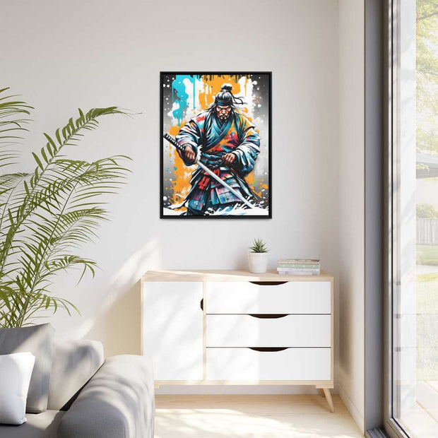 Framed printed canvas with a colors burst design representing a samurai, front 30x40 inch