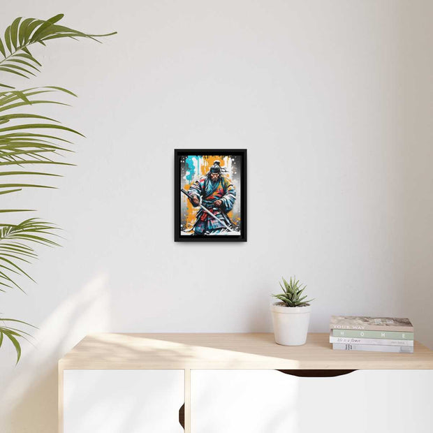 Framed printed canvas with a colors burst design representing a samurai, front 9x12 inch
