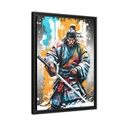 Framed printed canvas with a colors burst design representing a samurai, side