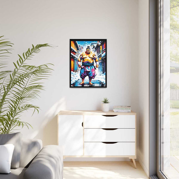 Framed printed canvas with a colors burst design representing a sumo wrestler, front 24x32 inch