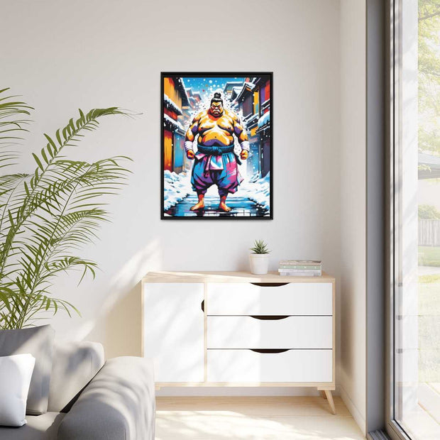 Framed printed canvas with a colors burst design representing a sumo wrestler, front 30x40 inch
