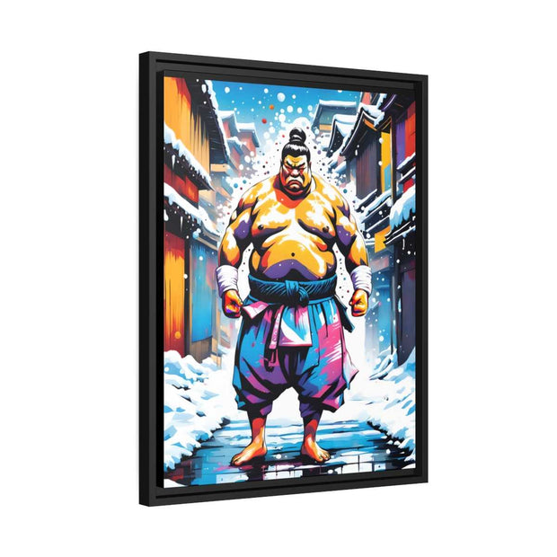 Framed printed canvas with a colors burst design representing a sumo wrestler, side