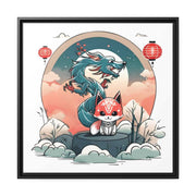 Framed printed canvas representing a dragon and a kitsune, front