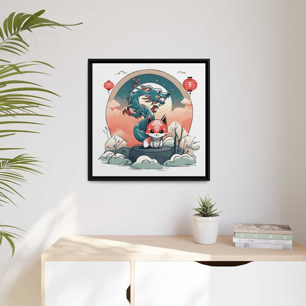 Framed printed canvas representing a dragon and a kitsune, front 24x24 inch