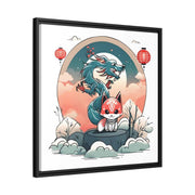 Framed printed canvas representing a dragon and a kitsune, side