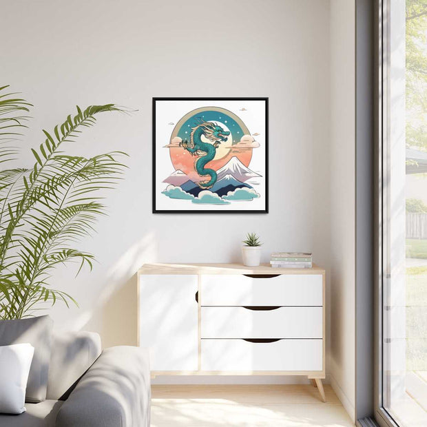 Framed printed canvas representing a dragon, front 32x32 inch