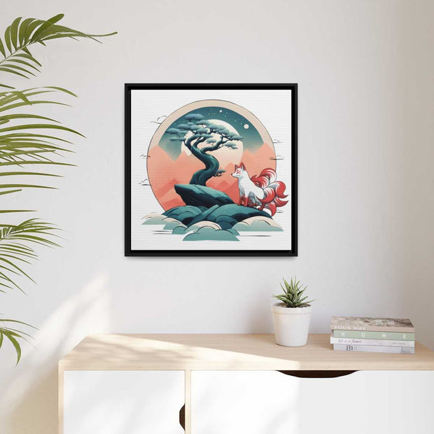 Framed printed canvas representing a kitsune, front 24x24 inch