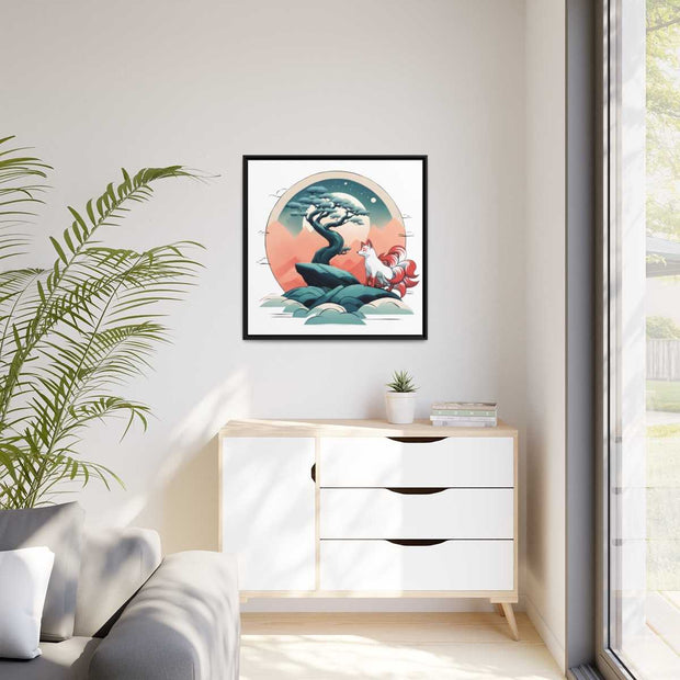 Framed printed canvas representing a kitsune, front 32x32 inch