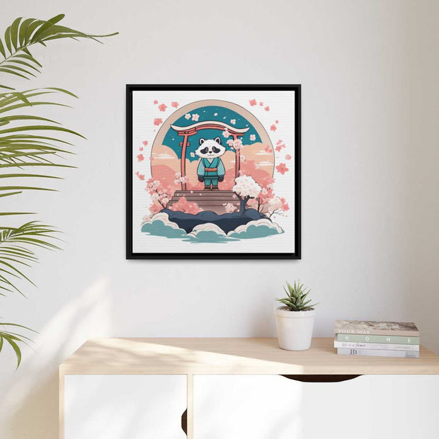 Framed printed canvas representing a tanuki, front 24x24 inch