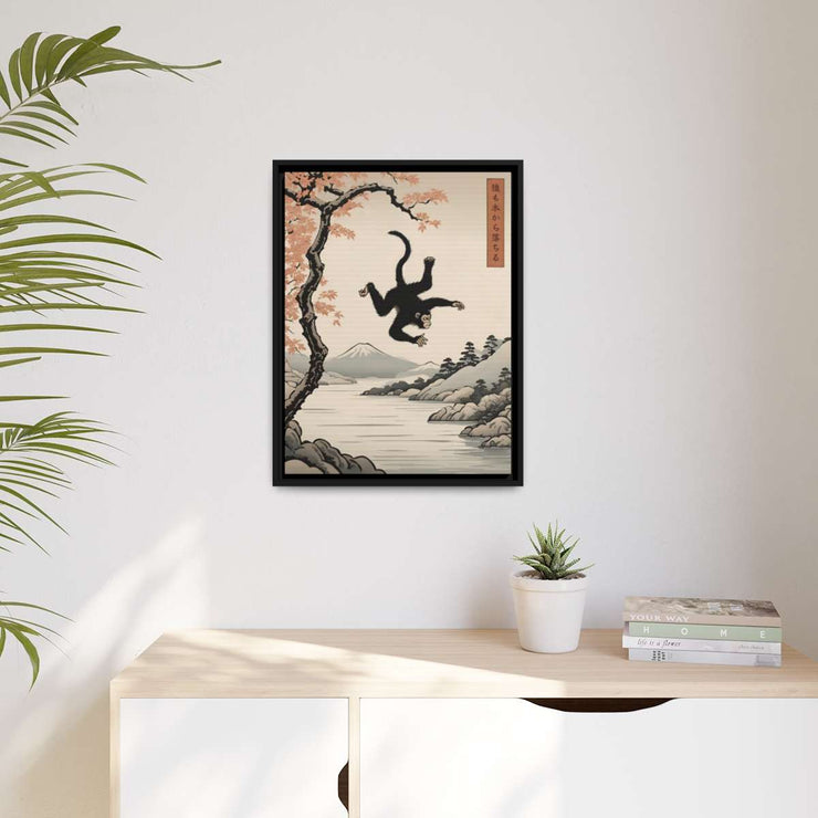 Framed printed canvas illustrating the Japanese proverb "Even monkeys fall", front 18x24 inch