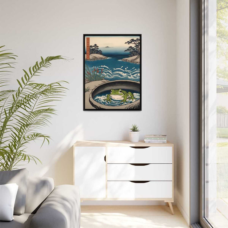 Framed printed canvas illustrating the Japanese proverb "Frog in the well", front 30x40 inch