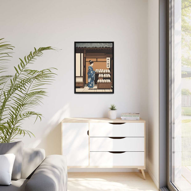 Framed printed canvas illustrating the Japanese proverb "Mochi", front 24x32 inch