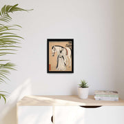 Framed printed canvas illustrating the Japanese proverb "Praying to a horse", front 12x16 inch