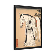 Framed printed canvas illustrating the Japanese proverb "Praying to a horse", side