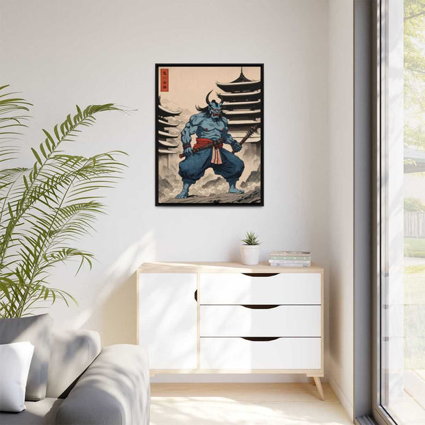 Framed printed canvas illustrating the Japanese proverb "Rod to an ogre", front 30x40 inch