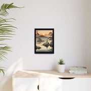 Framed printed canvas illustrating the Japanese proverb "Seating on a stone", front 12x16 inch