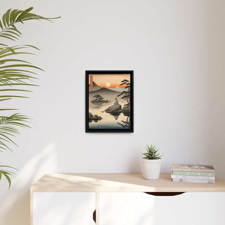 Framed printed canvas illustrating the Japanese proverb "Seating on a stone", front 12x16 inch