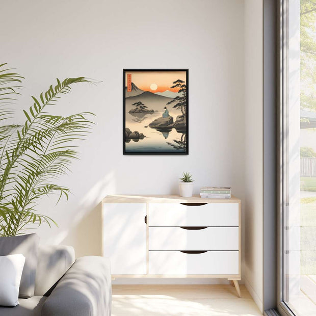 Framed printed canvas illustrating the Japanese proverb "Seating on a stone", front 24x32 inch