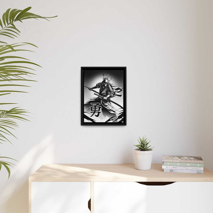 Framed printed canvas with a samurai design representing the value of bravery, front 12x16 inch