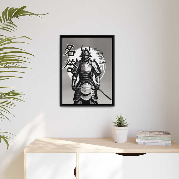 Framed printed canvas with a samurai design representing the value of honor, front 18x24 inch