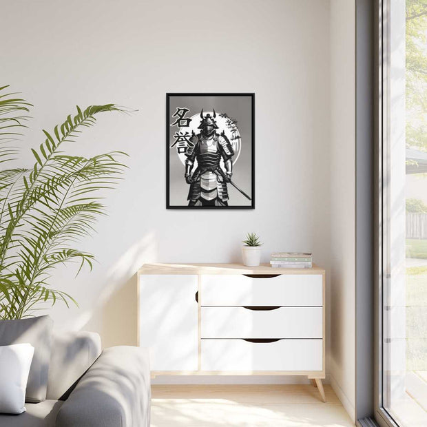 Framed printed canvas with a samurai design representing the value of honor, front 24x32 inch