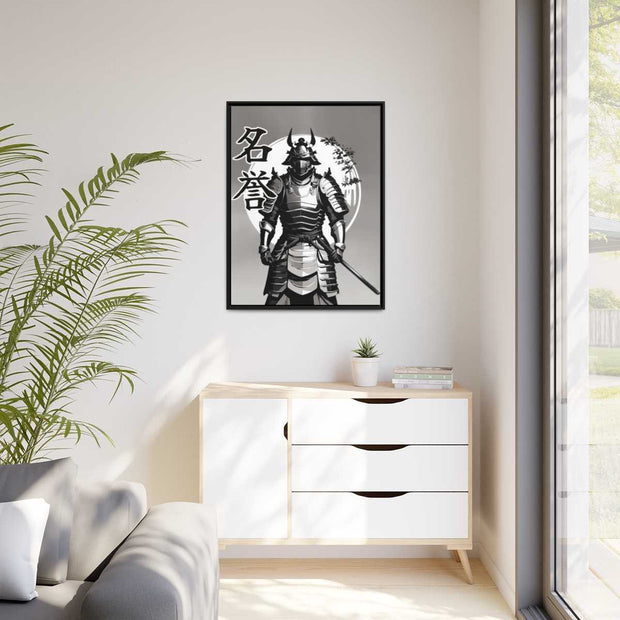 Framed printed canvas with a samurai design representing the value of honor, front 30x40 inch
