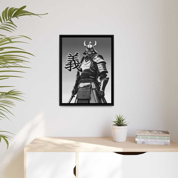 Framed printed canvas with a samurai design representing the value of integrity, front 18x24 inch