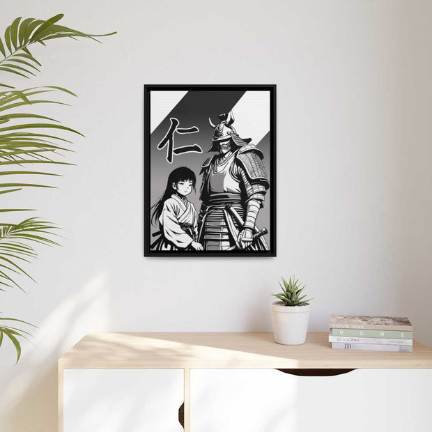 Framed printed canvas with a samurai design representing the value of kindness and compassion, front 18x24 inch