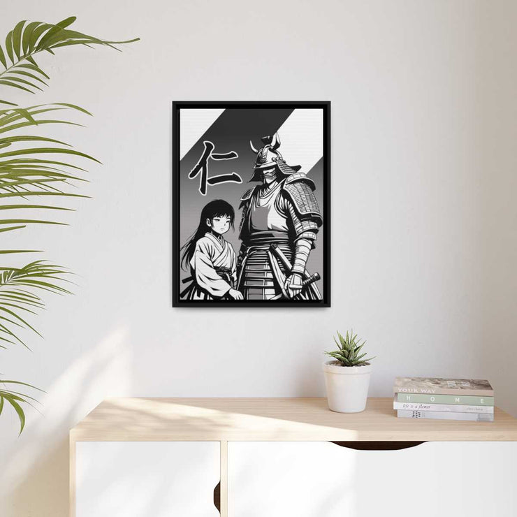 Framed printed canvas with a samurai design representing the value of kindness and compassion, front 18x24 inch