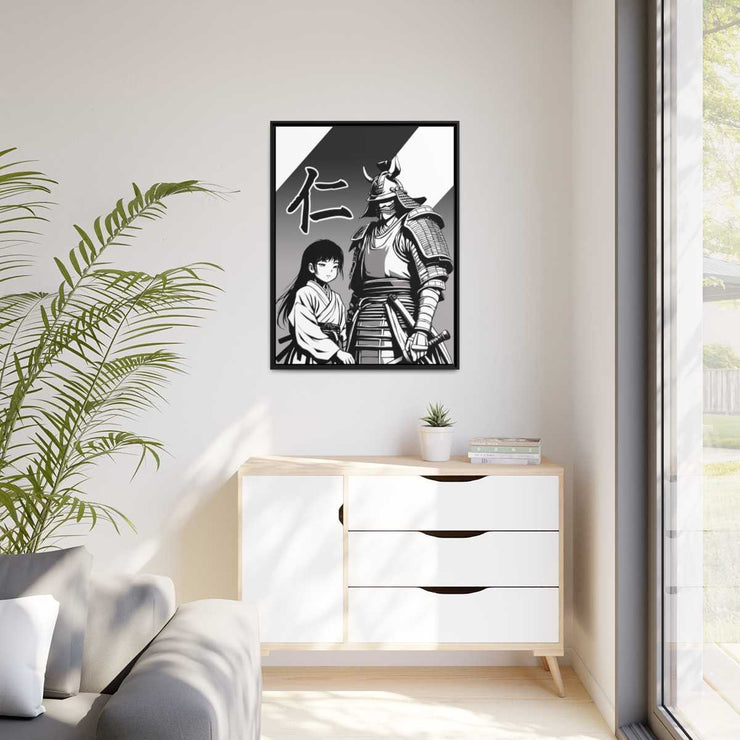 Framed printed canvas with a samurai design representing the value of kindness and compassion, front 30x40 inch