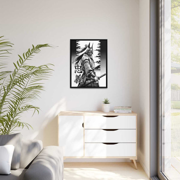 Framed printed canvas with a samurai design representing the value of loyalty, front 24x32 inch
