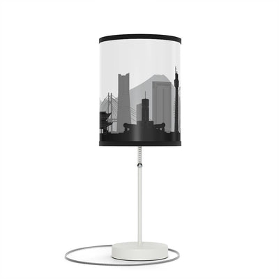 Lamp on a stand with Yokohama's skyline design, front