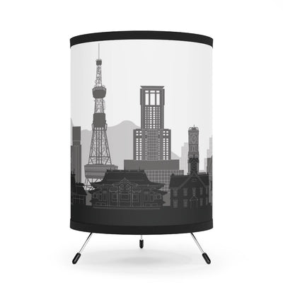 Tripod lamp with Sapporo's skyline design, front