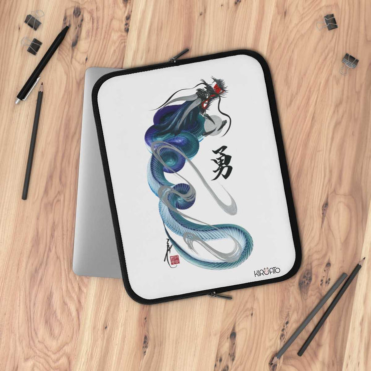 Laptop and Tablet Case - Blue Dragon With "Bravery" Character - on table - 13 inch