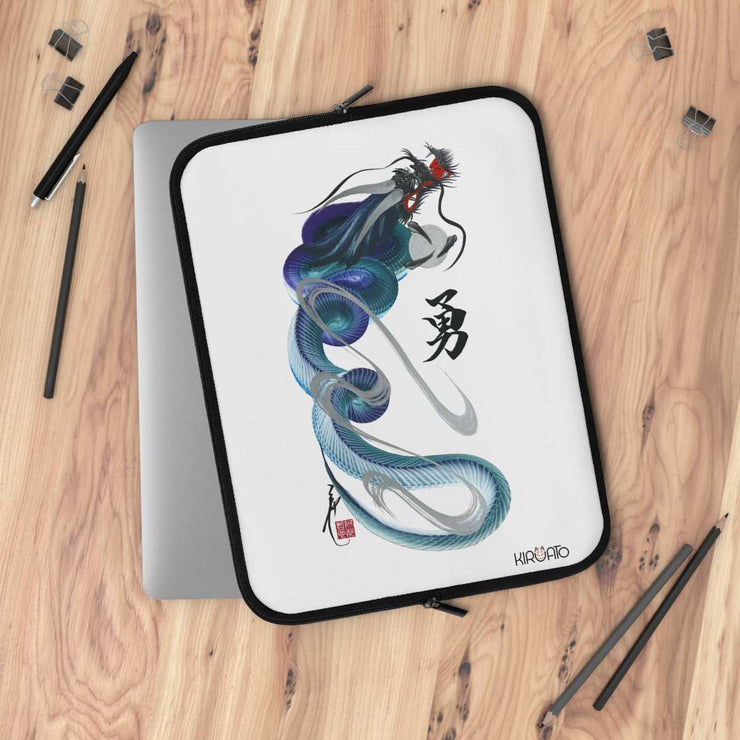 Laptop and Tablet Case - Blue Dragon With "Bravery" Character - on table - 15 inch