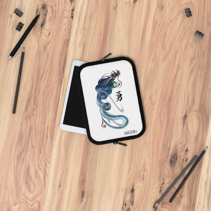 Laptop and Tablet Case - Blue Dragon With "Bravery" Character - on table - 7 inch