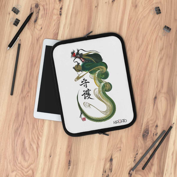 Laptop and Tablet Case - Green and Yellow Dragon With "Guardian" Character - on table - 10 inch
