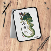 Laptop and Tablet Case - Green and Yellow Dragon With "Guardian" Character - on table - 13 inch