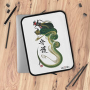 Laptop and Tablet Case - Green and Yellow Dragon With "Guardian" Character - on table - 15 inch