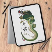 Laptop and Tablet Case - Green and Yellow Dragon With "Guardian" Character - on table - 17 inch