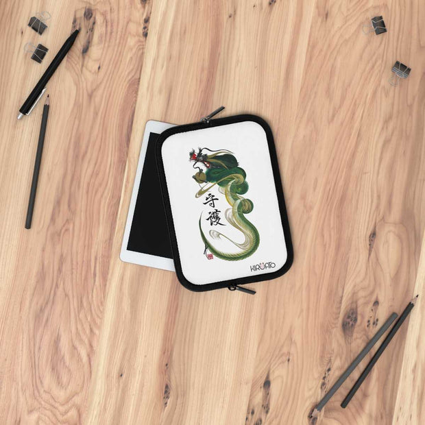 Laptop and Tablet Case - Green and Yellow Dragon With "Guardian" Character - on table - 7 inch