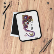 Laptop and Tablet Case - Red and Blue Dragon With "Guardian" Character - on table - 10 inch