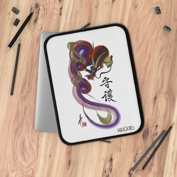 Laptop and Tablet Case - Red and Blue Dragon With "Guardian" Character - on table - 13 inch