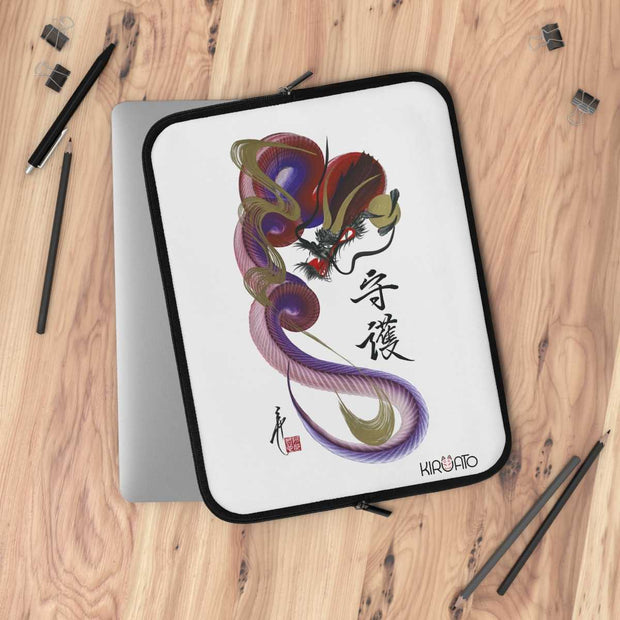 Laptop and Tablet Case - Red and Blue Dragon With "Guardian" Character - on table - 15 inch