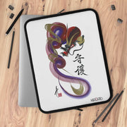 Laptop and Tablet Case - Red and Blue Dragon With "Guardian" Character - on table - 17 inch