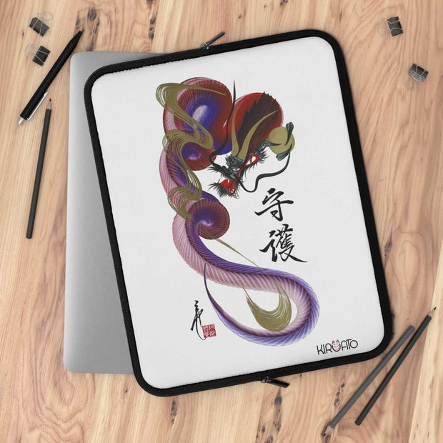 Laptop and Tablet Case - Red and Blue Dragon With "Guardian" Character - on table - 17 inch