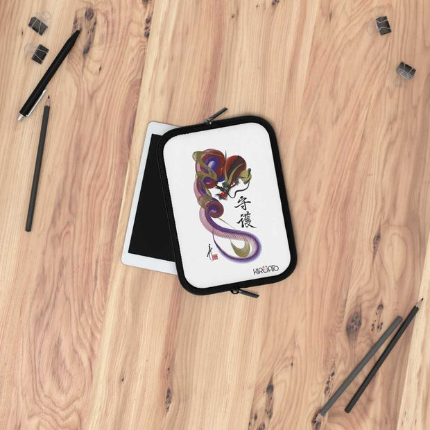 Laptop and Tablet Case - Red and Blue Dragon With "Guardian" Character - on table - 7 inch