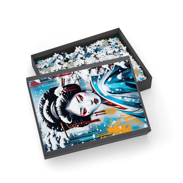 Premium jigsaw puzzle with a colors burst design representing a geisha, box