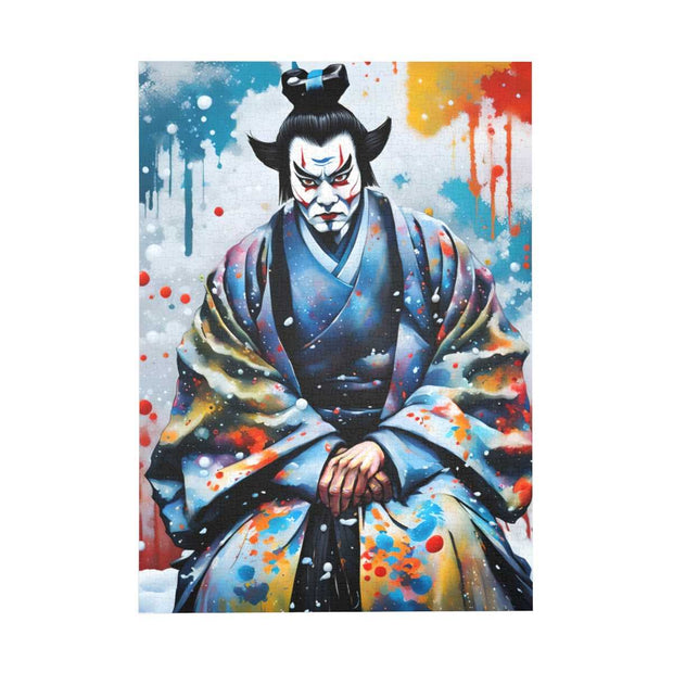 Premium jigsaw puzzle with a colors burst design representing a Kabuki actor, front